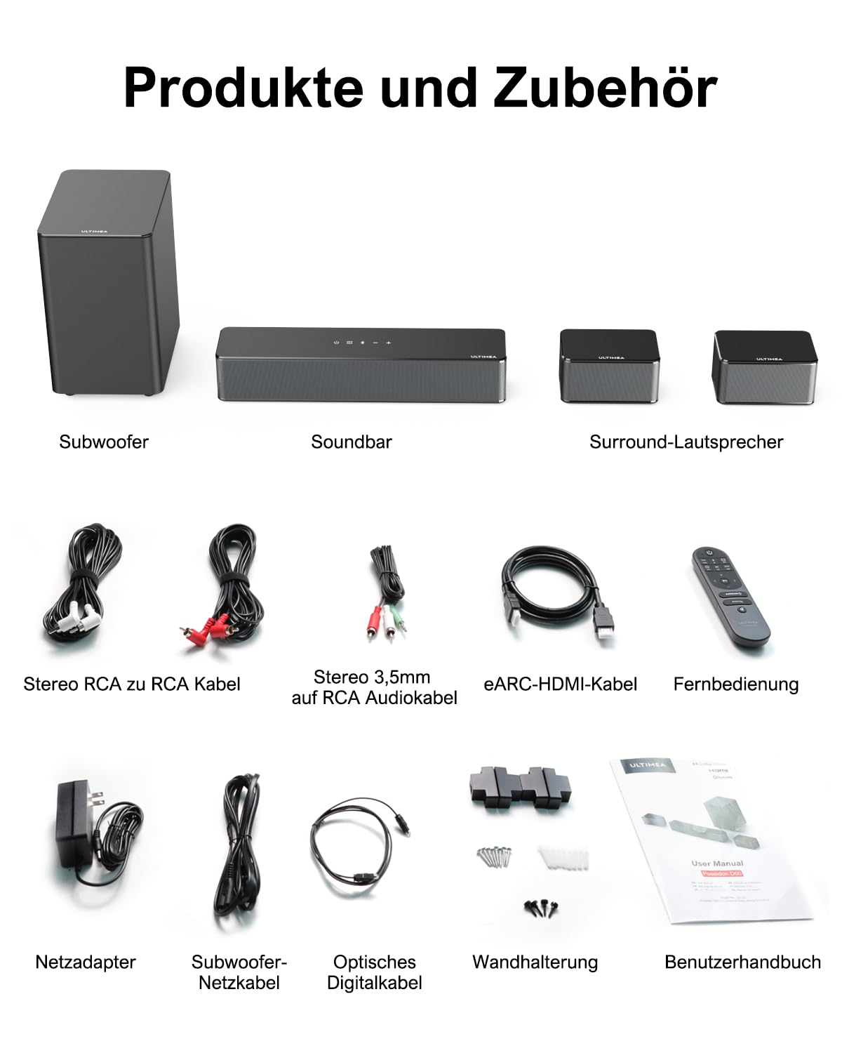 ULTIMEA 5.1 Soundbar mit Dolby Atmos, 3D Surround Sound System, Soundbar für TV Geräte mit Subwoofer, 2 Rear-Lautsprechern, Sound bar Bluetooth 5.3 mit Einstellbarem Bass, Poseidon D60