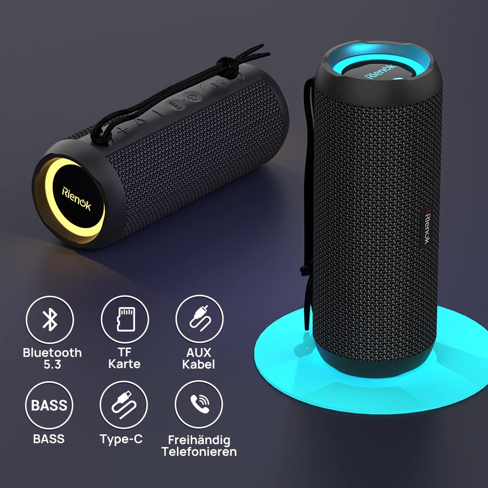 RIENOK Kabelloser Bluetooth-Lautsprecher mit Bass & Licht, IPX7 Wasserdicht