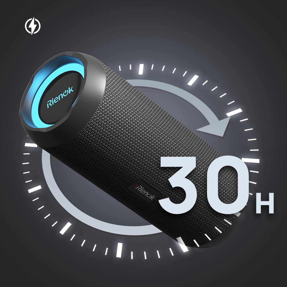 RIENOK Kabelloser Bluetooth-Lautsprecher mit Bass & Licht, IPX7 Wasserdicht