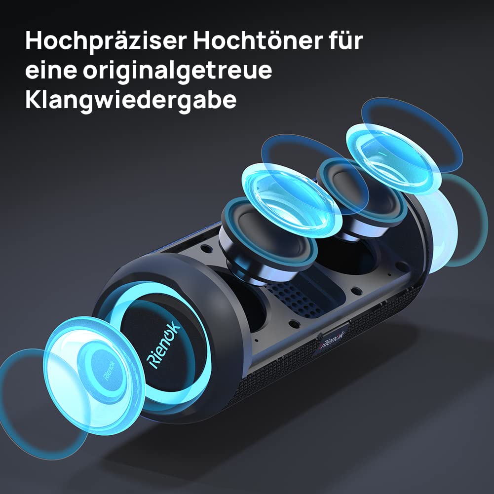 RIENOK Kabelloser Bluetooth-Lautsprecher mit Bass & Licht, IPX7 Wasserdicht