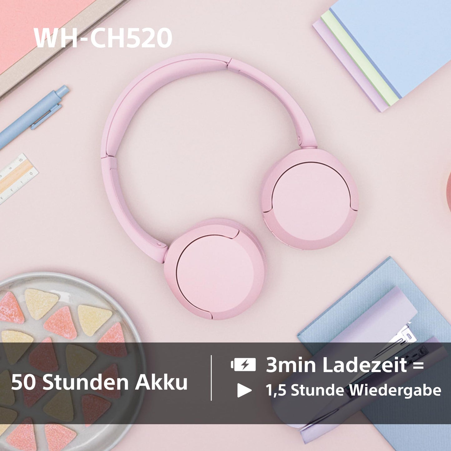 Sony WH-CH520 Kabellose Bluetooth On-Ear-Kopfhörer, 50h Akkulaufzeit, Schwarz