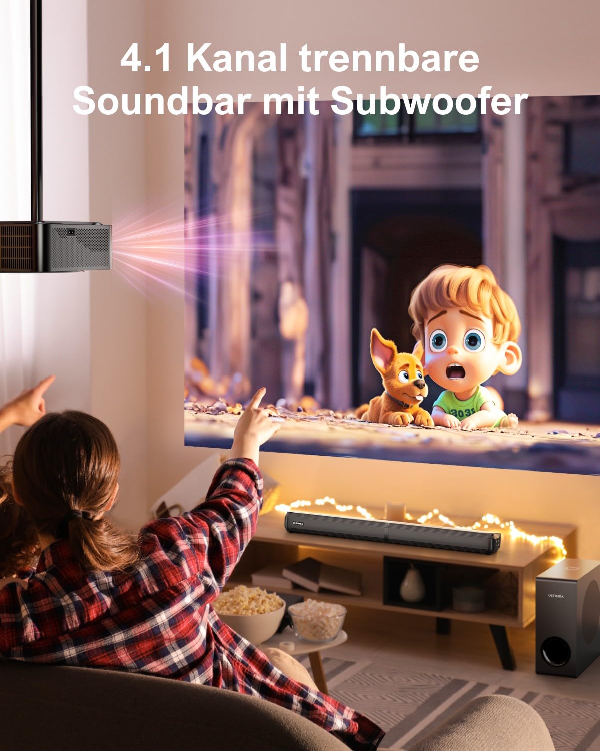 ULTIMEA 4.1-Kanal Soundbar für TV Geräte mit Subwoofer, VoiceMX, APP, Teilbare 2-in-1 Soundbar für Fernseher, TV Lautsprecher mit 3 EQ-Modi für Heimkino, BT 5.3, HDMI-ARC/Optisch/AUX, Apollo S50 2025