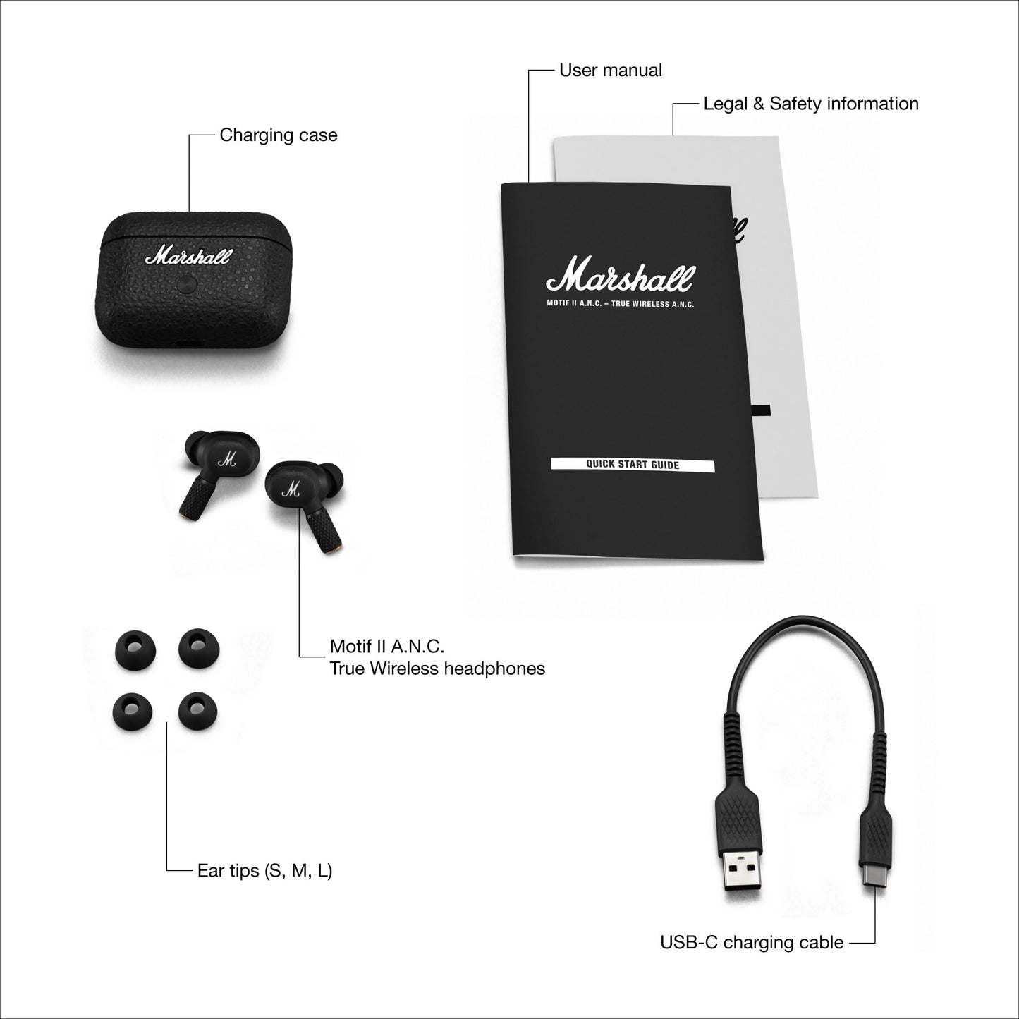 Marshall Motif II ANC True Wireless Bluetooth-Kopfhörer mit aktiver Geräuschunterdrückung, Schwarz