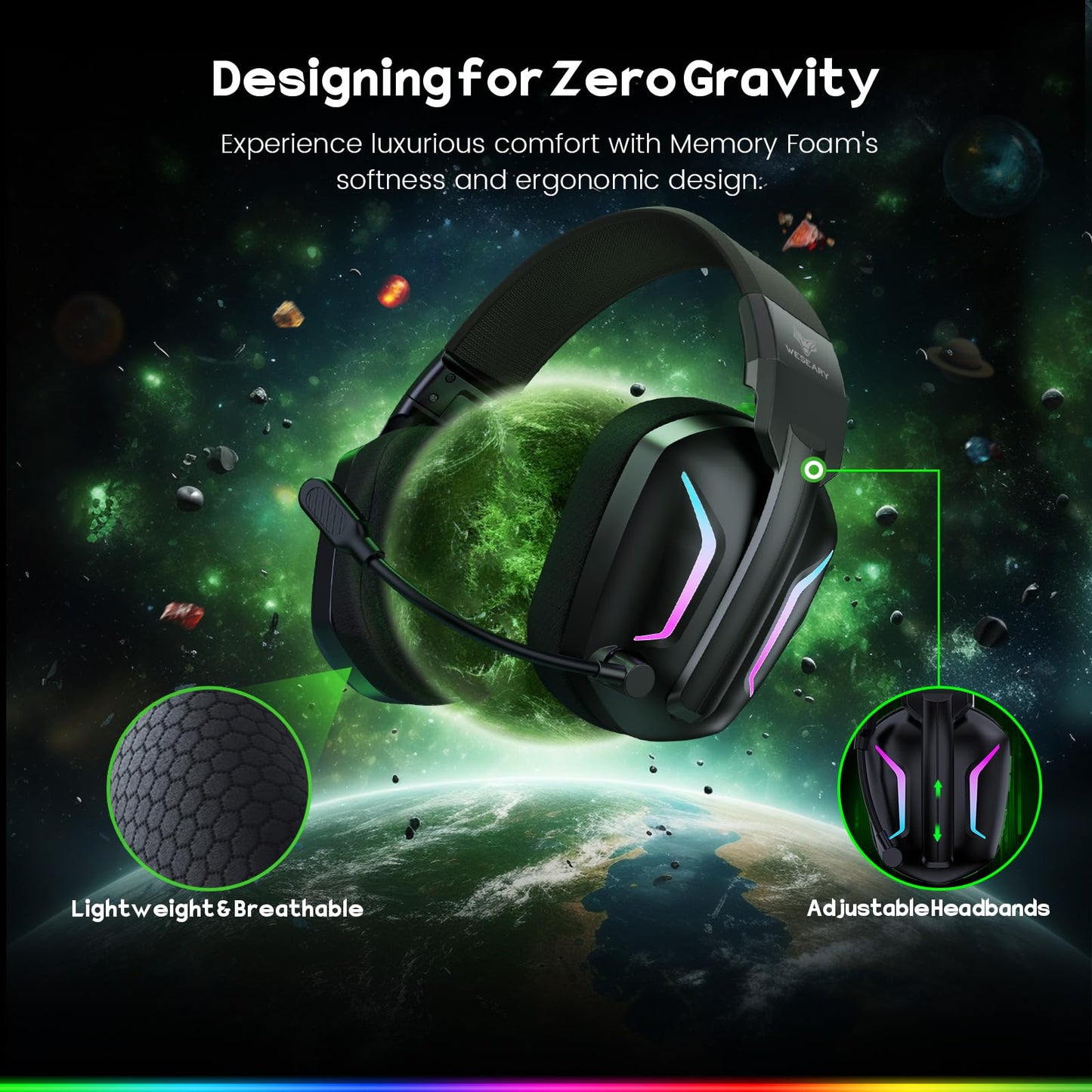 WESEARY WG1 Wireless Gaming Headset mit 2,4G & Bluetooth, 50+h Akku, Noise Cancelling