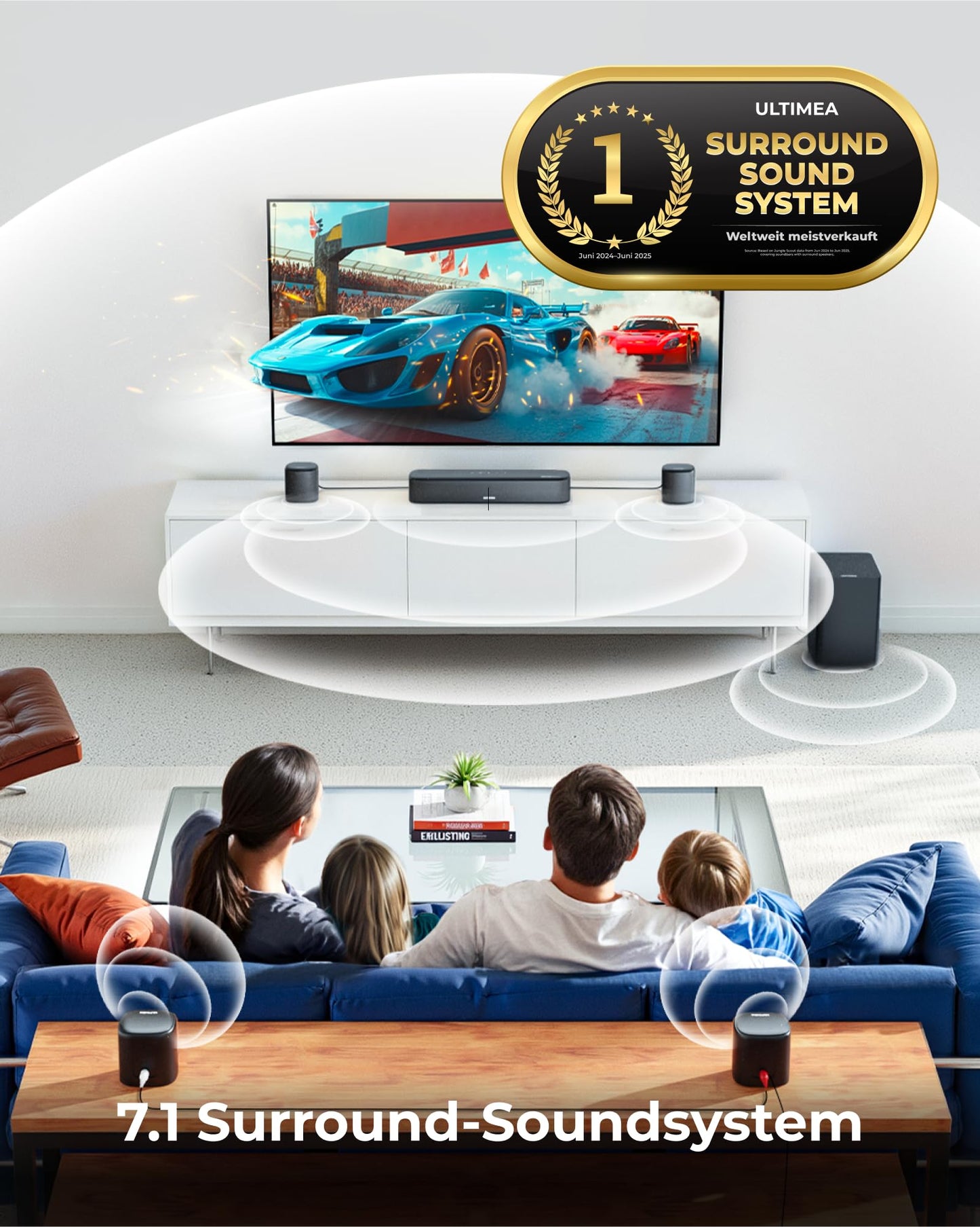 ULTIMEA 7.1ch Soundbar mit Dolby Atmos, 3D Surround Sound System für Heimkino mit 4 Surround Lautsprechern, App, Home Theater Soundsystem, TV Soundbar mit Subwoofer, HDMI eARC, Bluetooth 5.3, Aura A60