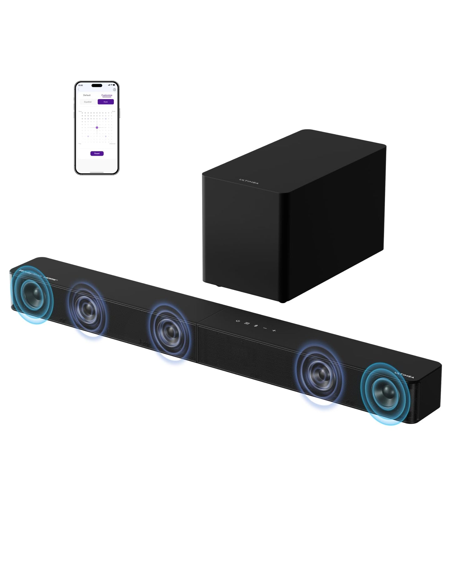 ULTIMEA 5.1ch Soundbar mit Dolby Atmos, VoiceMX, BassMX, APP, Heimkino 4D Surround Sound System, 340W Soundbar für TV Geräte mit Subwoofer, Bluetooth 5.4, Poseidon M60 Boom, Modell 2025
