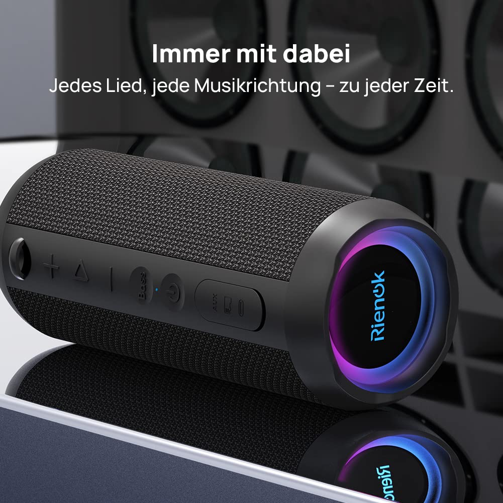 RIENOK Kabelloser Bluetooth-Lautsprecher mit Bass & Licht, IPX7 Wasserdicht