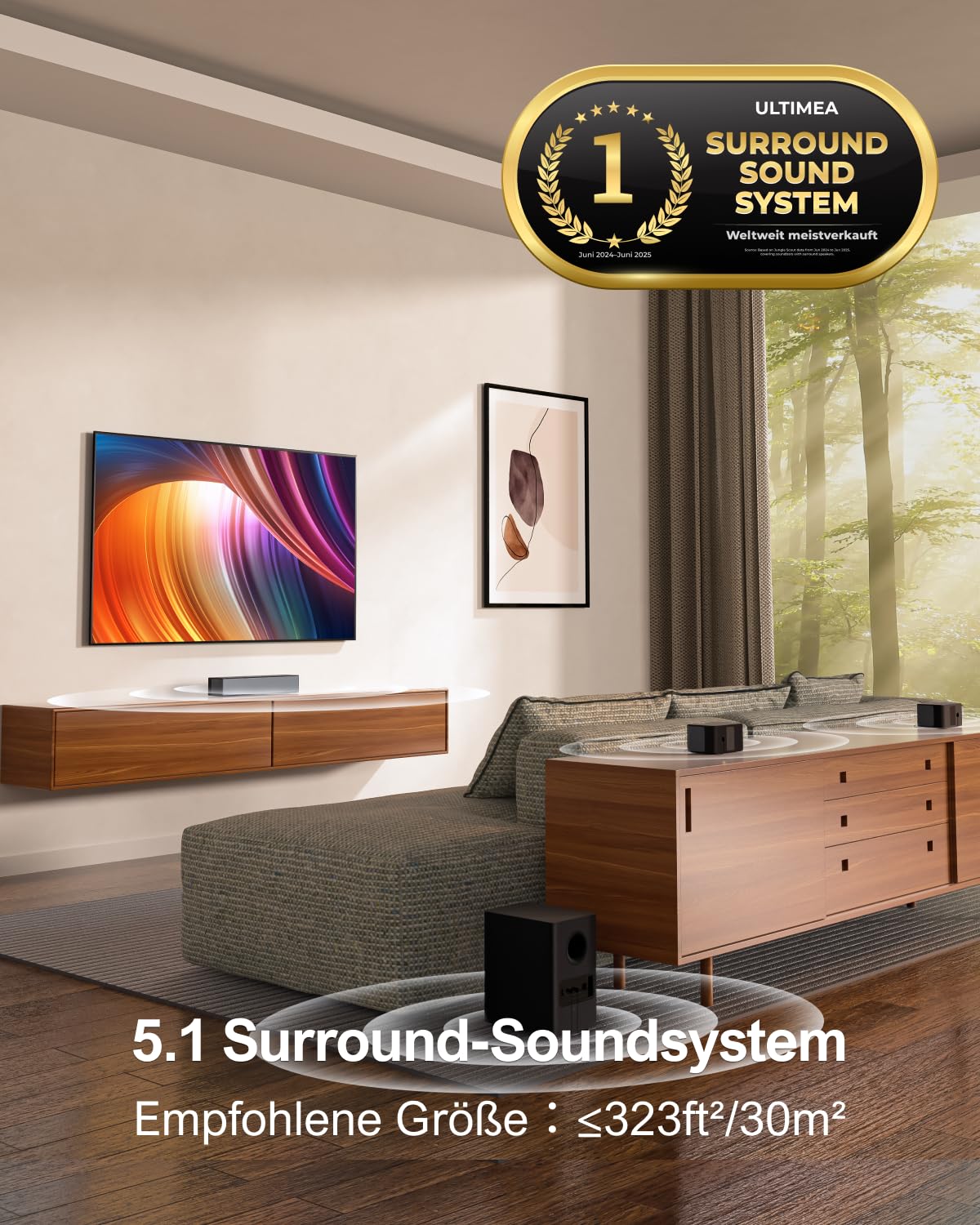 ULTIMEA 5.1 Soundbar mit Dolby Atmos, 3D Surround Sound System, Soundbar für TV Geräte mit Subwoofer, 2 Rear-Lautsprechern, Sound bar Bluetooth 5.3 mit Einstellbarem Bass, Poseidon D60