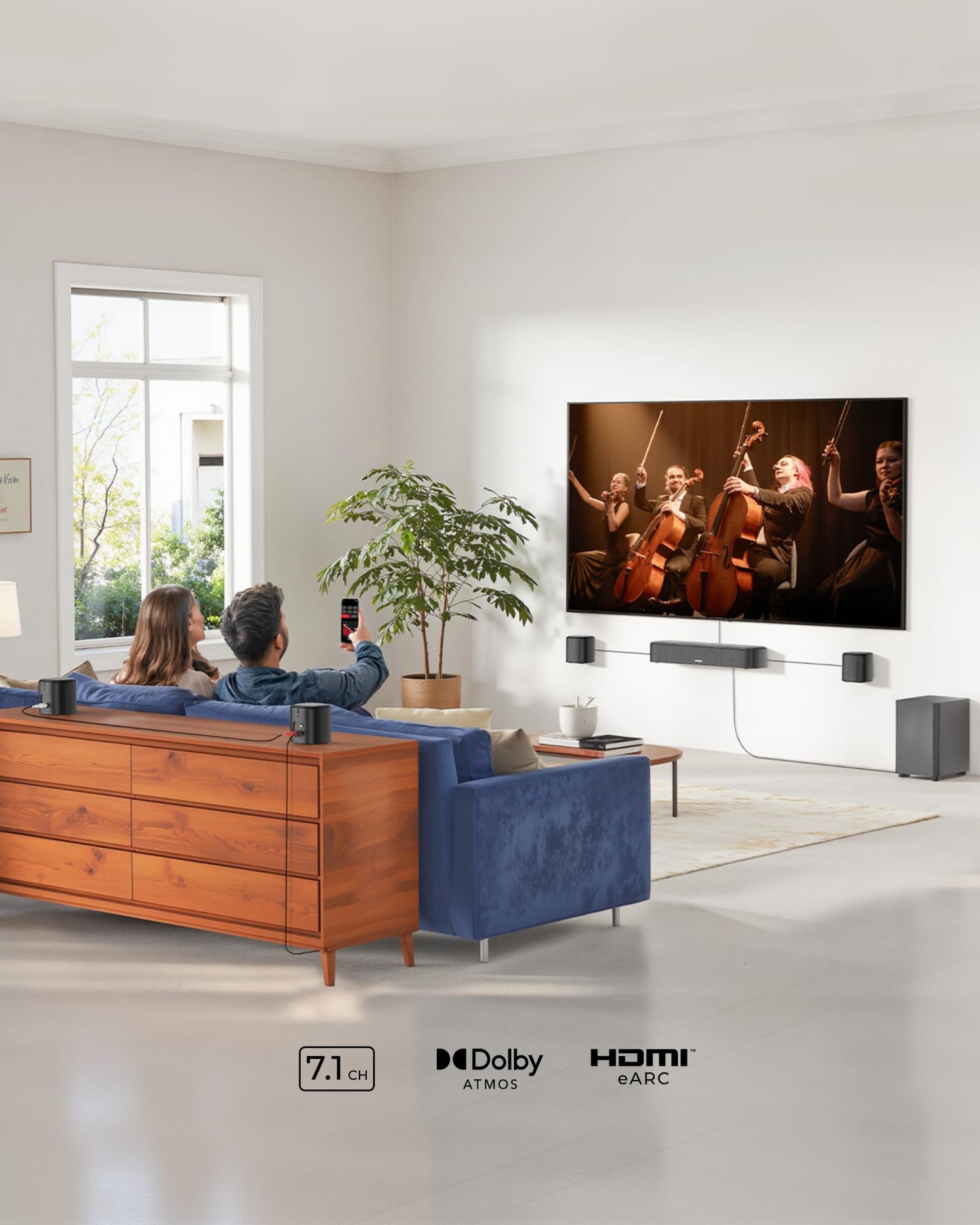 ULTIMEA 7.1ch Soundbar mit Dolby Atmos, 3D Surround Sound System für Heimkino mit 4 Surround Lautsprechern, App, Home Theater Soundsystem, TV Soundbar mit Subwoofer, HDMI eARC, Bluetooth 5.3, Aura A60