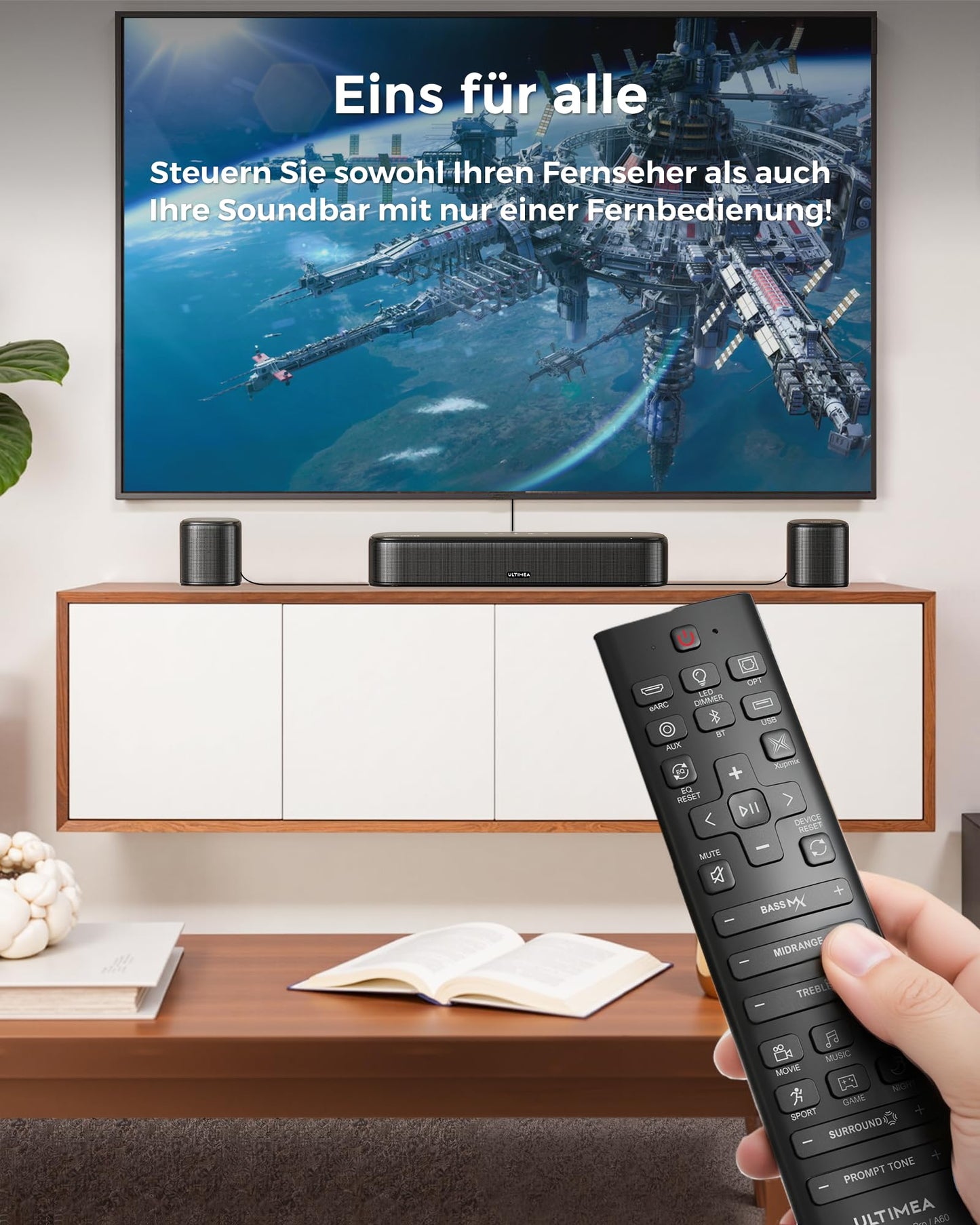 ULTIMEA 7.1ch Soundbar mit Dolby Atmos, 3D Surround Sound System für Heimkino mit 4 Surround Lautsprechern, App, Home Theater Soundsystem, TV Soundbar mit Subwoofer, HDMI eARC, Bluetooth 5.3, Aura A60